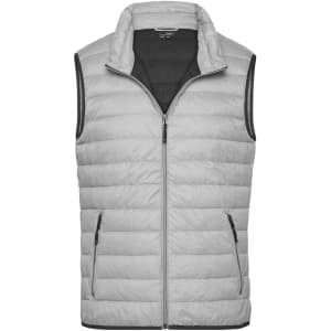 A grey men's down vest with a zip front and side pockets, featuring a simple black branding logo.