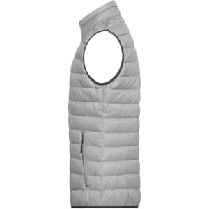 A grey men's down vest with a sleeveless design and a zipper pocket on the side. It features a subtle logo.