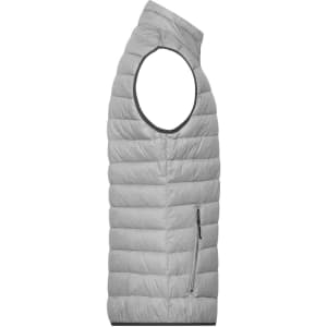 A men's down vest in light grey featuring a high collar and a zippered side pocket. It has a logo on the fabric.
