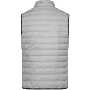 A light grey men's down vest with a quilted design and a logo on the back.