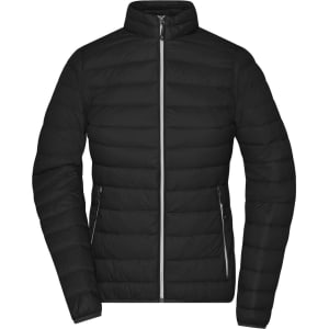 A black ladies down jacket with a zip front and two zippered side pockets, featuring a branding logo.
