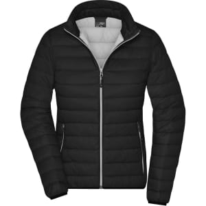 A black ladies down jacket with a zip front and light grey interior, featuring a logo and side pockets.