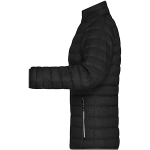 A black ladies down jacket with a puffer design, featuring a high collar and zipped pockets.