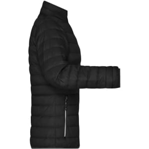 A black puffer jacket with a fitted design, featuring a zippered pocket and a high collar.
