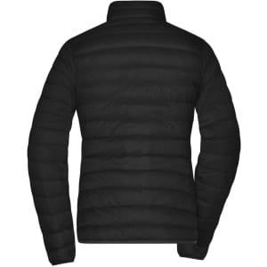 A black ladies down jacket with a puffer design and high neck, featuring vertical stitching.