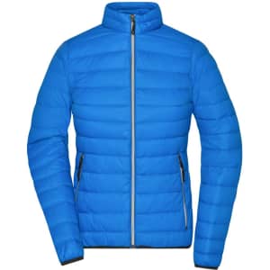 A blue women's down jacket with a zip front and two side pockets. Features a high collar and puffer design.