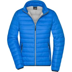 A blue ladies down jacket with a zip front and quilted design, featuring side pockets and a branded logo.