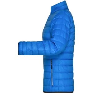 A blue puffer jacket with a zippered pocket, featuring a sleek and textured design.