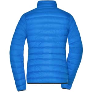 A blue ladies down jacket with a puffer design, featuring a high collar and no visible branding.
