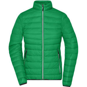 A green ladies down jacket, featuring a zip-up front and a fitted design, with a logo on the chest.