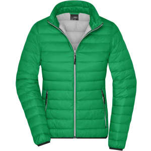 A green ladies down jacket with a zip front and a grey inner lining. It has a sleek, puffer design.