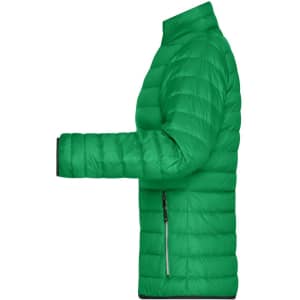 A green ladies puffer jacket featuring a zip pocket and a high collar, with a sleek, down-filled design.