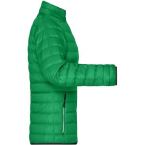 A green puffer jacket with a zippered pocket, showcasing a side view and featuring a logo.