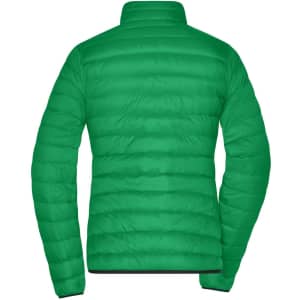 A green ladies down jacket with a puffer design, featuring a high collar and a smooth finish.