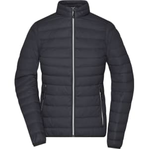 A ladies' down puffer jacket in dark grey, featuring a fitted design and zippered pockets.