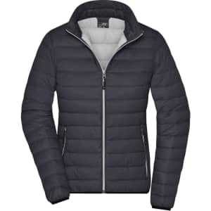 A ladies' down jacket in dark grey with a zip closure and padded design. Features a logo on the chest.