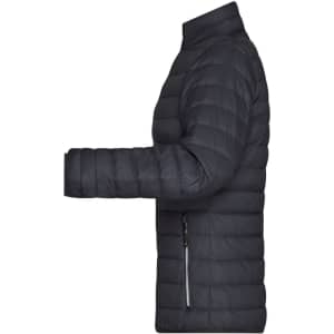 A puffer jacket in navy blue, featuring a side view with quilted design and zippered pocket. It has a logo on the jacket.