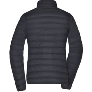 A ladies' down jacket in dark navy, featuring a puffer style and a high collar. Contains a branding logo.