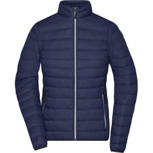 A navy ladies down jacket with a zip front and two side pockets, featuring a sleek puffer design.
