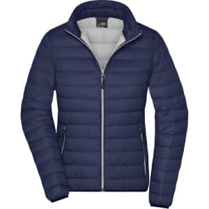 A ladies' down jacket in navy blue with a zip front, featuring a puffer design and a logo on the chest.