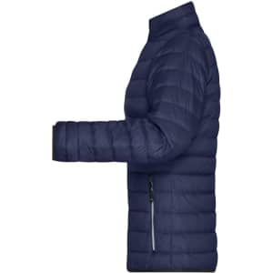 A navy blue ladies down jacket with a puffer design, featuring a stand-up collar and zip side pocket.