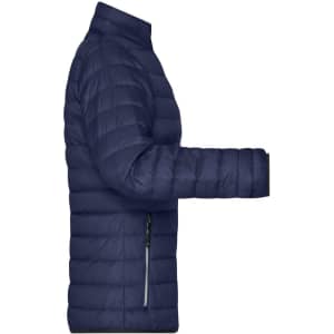 A navy ladies down jacket with a puffer design, featuring a zip side pocket and a high collar.