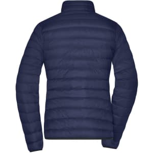 A navy blue ladies down jacket with a padded design, featuring a high collar and a smooth back surface.