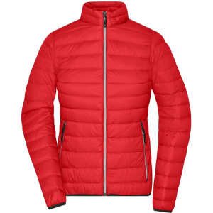 A red puffer jacket featuring a zip front, high collar, and zipped side pockets. It has a logo on it.