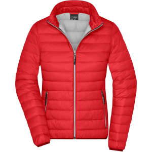 A red puffer jacket with a zip front and grey lining, featuring side pockets and a branded logo.