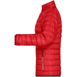 A red ladies down jacket featuring a puffer design, with a zippered pocket and a high collar.