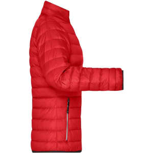 A red ladies down jacket with a puffer design and a side view showcasing its structure and zipped pocket.