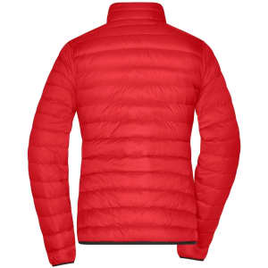 A red puffer jacket with a smooth, quilted texture and a high collar, featuring a logo on the back.