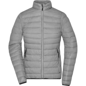 A grey ladies' down jacket with a zip front and side pockets, featuring a puffer design and a logo on the sleeve.