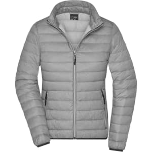 A grey ladies down jacket, featuring a zip front and a puffer design, with a collar and logos.