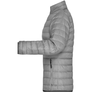 A light grey puffer jacket with a zip pocket, featuring a high collar and fitted sleeves. The jacket has a logo.