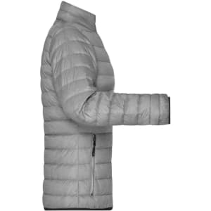 A grey ladies down jacket with a puffer design and a side zip pocket, featuring a logo on the chest.