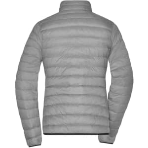 A grey Ladies Down Jacket with a quilted design and high collar, featuring a branding logo on the back.