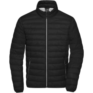 A black men's down puffer jacket with a zip front, featuring quilted detailing and side pockets.