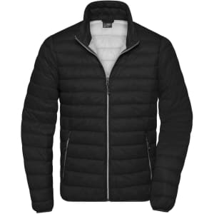 A men's black down puffer jacket with a zip closure and side pockets. It features a high collar and a lightweight design.