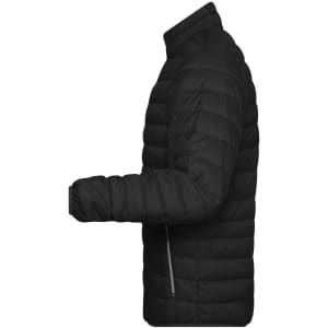 A black puffer jacket featuring a quilted design and a side zip. It has a high collar and long sleeves.