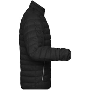 A men's down puffer jacket in black, featuring a fitted design and vertical stitching. It has a logo on the side.