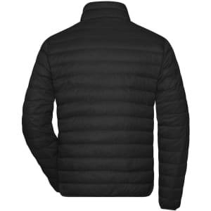 A black men's down puffer jacket featuring a quilted design and a high collar. It has a logo on the left side.