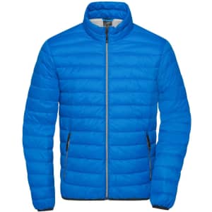 A blue men's down jacket featuring a zip front and a lightweight puffer design. It has side pockets and a logo.