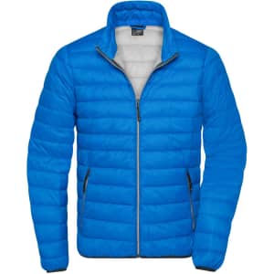 A blue men's down jacket with a zippered front and side pockets, featuring a grey interior and a logo.