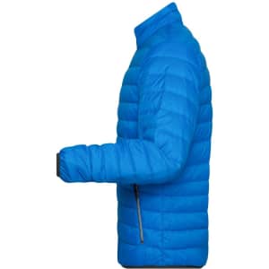 A bright blue men's down jacket with a side view showcasing its puffer design and zippered pocket.