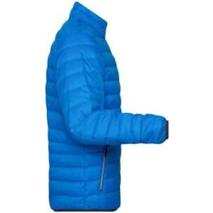 A bright blue men's down jacket with a puffer design and a side view showcasing its features.