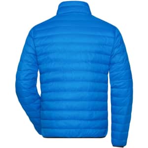 A blue men's down puffer jacket with a stand-up collar, featuring a back view and stitching details.