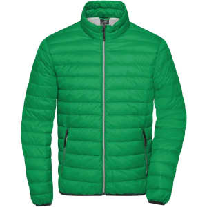 A green puffer jacket with a zip front, side pockets, and a collar. Features logo branding.