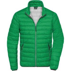 A green men's down jacket with a zip front and side pockets, featuring a logo on the chest.