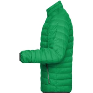 A green men's down puffer jacket featuring a zippered pocket and a fitted silhouette. It has a logo on the sleeve.